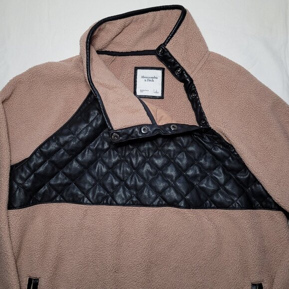 Abercrombie & Fitch Tan & Black Faux Leather Quilted Sherpa Fleece Pullover Sz L - Picture 2 of 11